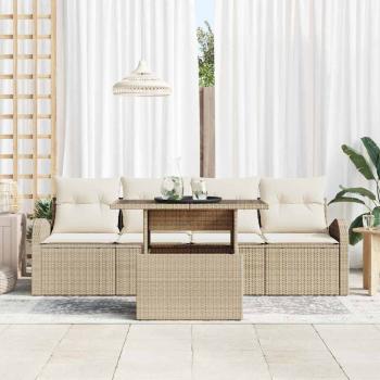 5-teilige Garten Sofagarnitur mit Kissen Beige Poly Rattan