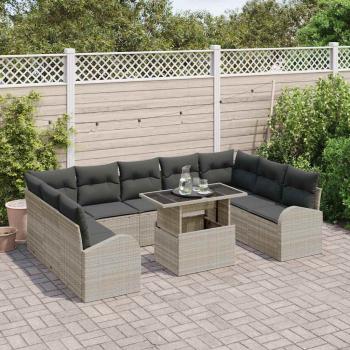 10-teiliges Garten-Sofa-Set mit Kissen Hellgraues Poly-Rattan