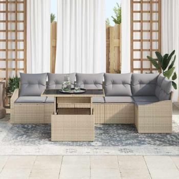 7-teiliges Garten-Sofa-Set mit Kissen Beige Poly Rattan