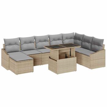 9-teiliges Garten Sofa Set mit Kissen Beige Poly Rattan