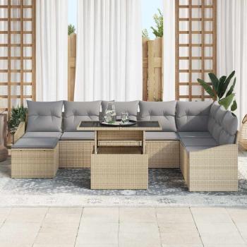 9-teiliges Garten Sofa Set mit Kissen Beige Poly Rattan