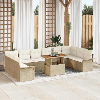ARDEBO.de - 11-teiliges Garten-Esszimmer-Set mit Kissen Beige Poly Rattan Akazie