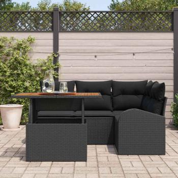 5-teiliges Garten-Essensemble mit Kissen Schwarz Poly-Rattan Akazie