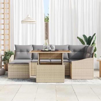 7-teiliges Garten Essgruppe mit Kissen Beige Poly Rattan Akazie