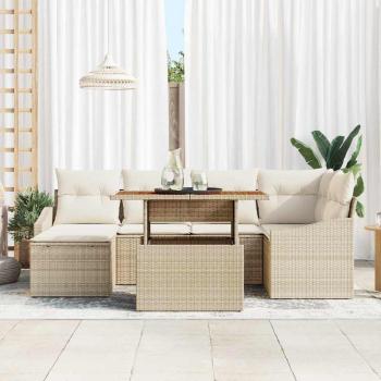 7-teiliges Garten Essgruppe mit Kissen Beige Poly Rattan Akazie