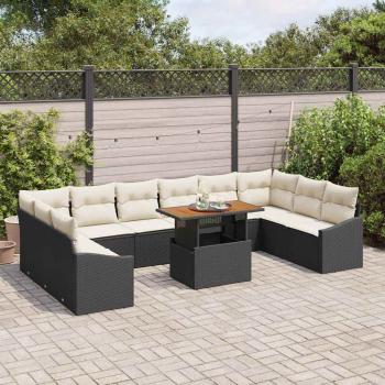11-teiliges Garten Esstischset mit Kissen Schwarz Poly Rattan Akazie