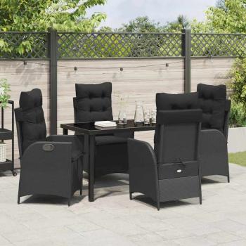 5-teiliges Garten-Esszimmer-Set mit Kissen Schwarz Poly Rattan