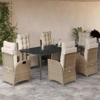 ARDEBO.de - 7-tlg. Garten-Essgruppe mit Kissen Beige Poly Rattan