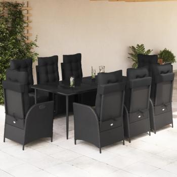 ARDEBO.de - 9-tlg. Garten-Essgruppe mit Kissen Schwarz Poly Rattan