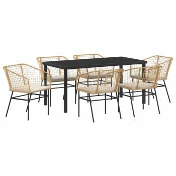 7-teiliges Garten Ess-Set mit Kissen in Braun Poly Rattan