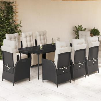 ARDEBO.de - 9-tlg. Garten-Essgruppe mit Kissen Schwarz Poly Rattan