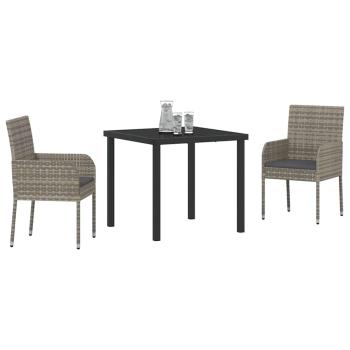 3-teiliges Garten-Dining-Set mit Kissen Grau Poly Rattan