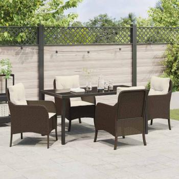 5-teiliger Garten-Ess-Set mit Kissen Braun Poly Rattan