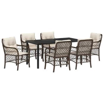 7-teiliges Gartentisch-Set mit Kissen Braunes Poly-Rattan