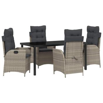 5-teiliges Garten-Dining-Set mit Kissen, Hellgrau, Poly-Rattan