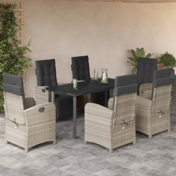 ARDEBO.de - 7-tlg. Garten-Essgruppe mit Kissen Hellgrau Poly Rattan