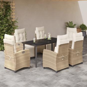 ARDEBO.de - 7-tlg. Garten-Essgruppe mit Kissen Beige Poly Rattan