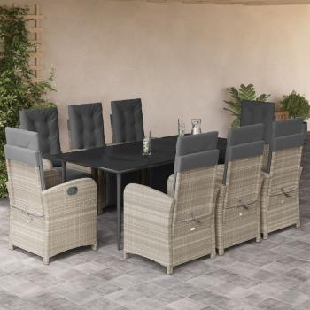 ARDEBO.de - 9-tlg. Garten-Essgruppe mit Kissen Hellgrau Poly Rattan