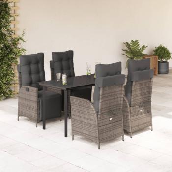 ARDEBO.de - 5-tlg. Garten-Essgruppe mit Kissen Grau Poly Rattan