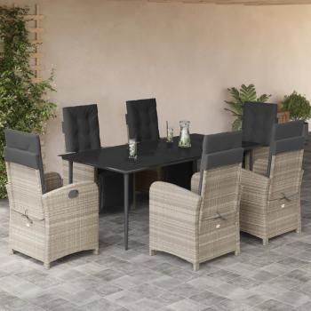 ARDEBO.de - 7-tlg. Garten-Essgruppe mit Kissen Hellgrau Poly Rattan