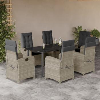 ARDEBO.de - 7-tlg. Garten-Essgruppe mit Kissen Hellgrau Poly Rattan