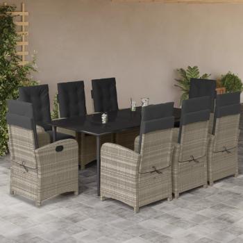 ARDEBO.de - 9-tlg. Garten-Essgruppe mit Kissen Hellgrau Poly Rattan