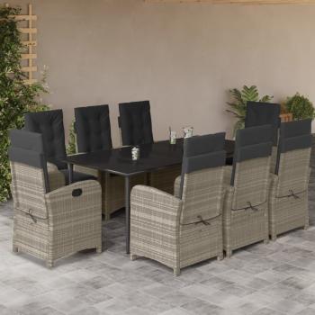 ARDEBO.de - 9-tlg. Garten-Essgruppe mit Kissen Hellgrau Poly Rattan