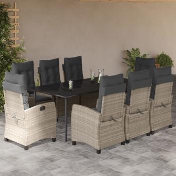 ARDEBO.de - 9-tlg. Garten-Essgruppe mit Kissen Hellgrau Poly Rattan