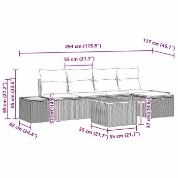 6-teiliges Garten Sofa Set mit Kissen Grau Poly Rattan