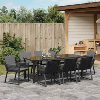 9-teiliges Garten-Ess-Set mit Kissen Schwarz Poly-Rattan