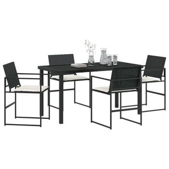 5-teiliges Garten-Ess-Set mit Kissen Schwarz Poly-Rattan