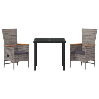 3-teiliges Garten-Esstischset mit Kissen aus grauem Poly-Rattan
