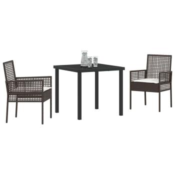 3-teilige Garten Esstisch Set mit Kissen Braun Poly Rattan