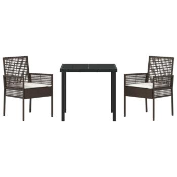 3-teilige Garten Esstisch Set mit Kissen Braun Poly Rattan