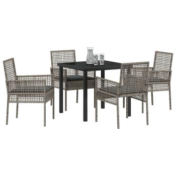 5-teiliges Garten-Esszimmer-Set mit Kissen Grau Poly-Rattan
