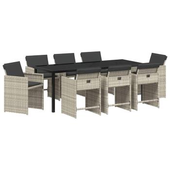 ARDEBO.de - 9-teiliges Garten-Essset mit Kissen Hellgrau Poly-Rattan