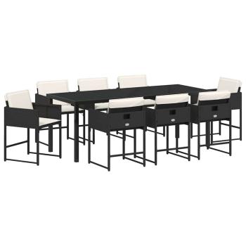 9-teiliges Garten-Essset mit Kissen - Schwarzes Poly-Rattan