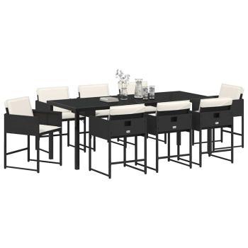 9-teiliges Garten-Essset mit Kissen - Schwarzes Poly-Rattan