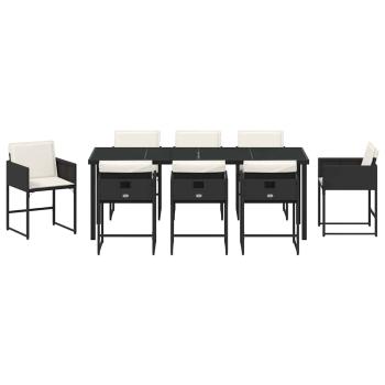9-teiliges Garten-Essset mit Kissen - Schwarzes Poly-Rattan