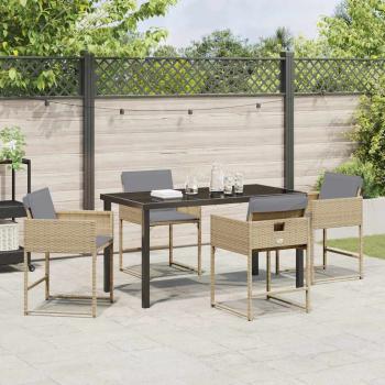 5-teiliges Garten Esszimmer Set mit Kissen Beige Poly Rattan