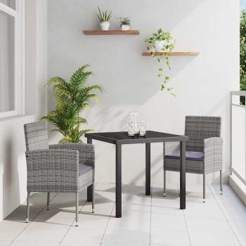 ARDEBO.de - 3-teiliges Garten-Ess-Set mit Kissen Grau Poly Rattan