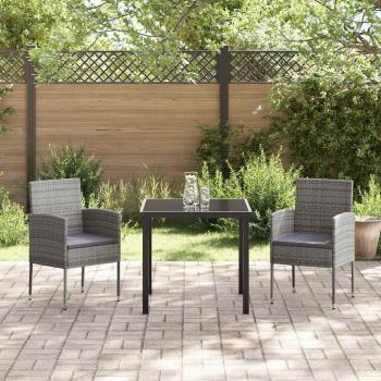 3-teiliges Garten-Ess-Set mit Kissen Grau Poly Rattan