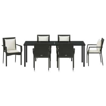 7-teilige Garten Esszimmer Set mit Kissen Schwarz Poly Rattan