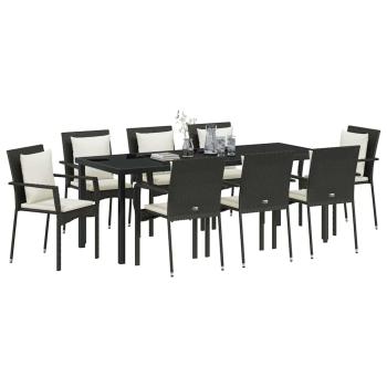 9-teiliges Garten-Ess-Set mit Kissen Schwarz Poly-Rattan