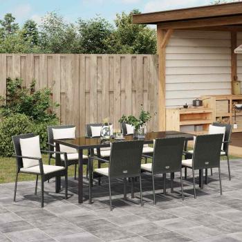 9-teiliges Garten-Ess-Set mit Kissen Schwarz Poly-Rattan