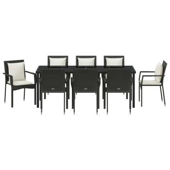 9-teiliges Garten-Ess-Set mit Kissen Schwarz Poly-Rattan