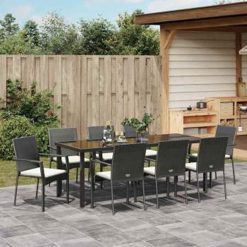 9-teiliges Garten-Ess-Set mit Kissen Schwarz Poly-Rattan