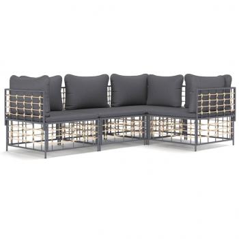 4-tlg. Garten-Lounge-Set mit Kissen Anthrazit Poly Rattan