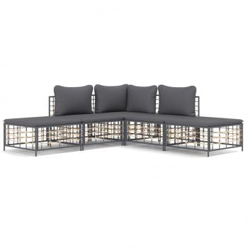 5-tlg. Garten-Lounge-Set mit Kissen Anthrazit Poly Rattan
