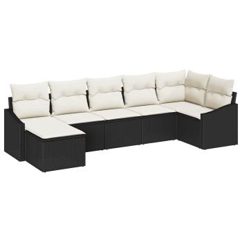 7-teiliges Garten-Esszimmer-Set mit Kissen Schwarz Poly-Rattan